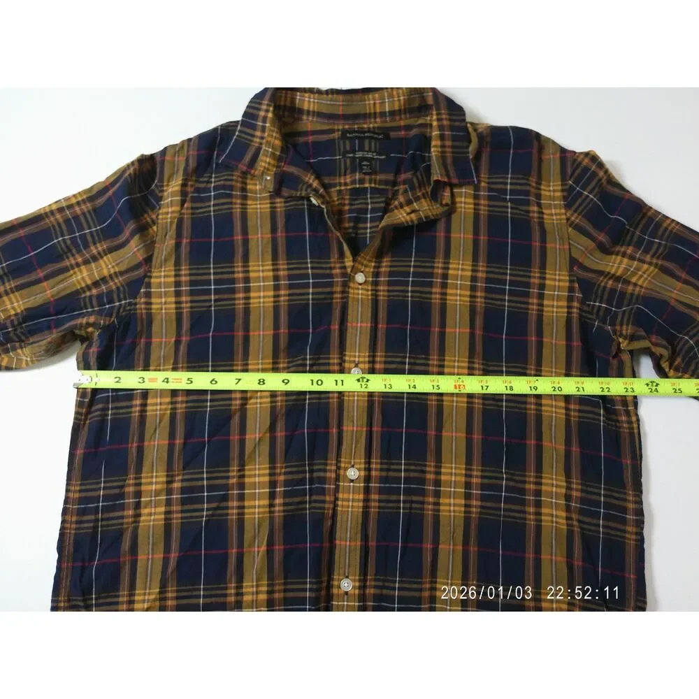 Banana Republic XL Tall Slim Fit Plaid Shirt Navy Gold Untucked Cotton Men's